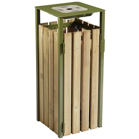 CERTEO Poubelle à Poser Ou à Fixer 110 L - Avec Cendrier 1,5 L - Bois / Acier Vert Olive - EDEN | Rossignol - Vert Olive