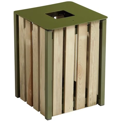 CERTEO Poubelle à Poser Ou à Fixer - Sans Cendrier - 50 L - Bois / Acier Vert Olive - TULIPE | Rossignol - Vert Olive
