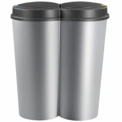 DEUBA Double Poubelle – Duo Poubelle Poubelle 2 x 25 Litres + Bouton Pression Automatique – Couleur Au Choix Argent