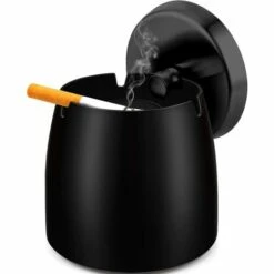 BETTERLIFE Cendrier En Acier Inoxydable Avec Couvercle, Cendrier De Table Antidérapant, Cendrier De Tempête En Acier Inoxydable (grand, Noir)