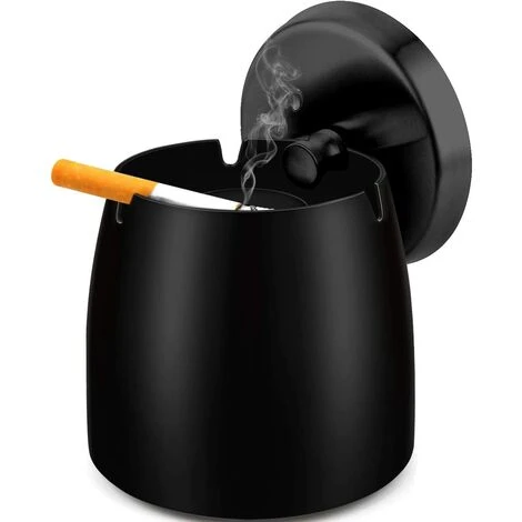 BETTERLIFE Cendrier En Acier Inoxydable Avec Couvercle, Cendrier De Table Antidérapant, Cendrier De Tempête En Acier Inoxydable (grand, Noir)