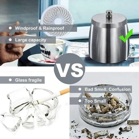 Cendrier Exterieur Interieur Ashtray Outdoor Incassable Metal, Beau Cendriers En Acier Inox Coupe-vent Avec Couvercle Anti Odeur Pour Jardin Balcon Maison Restaurant, Grande GrooFoo – Image 2