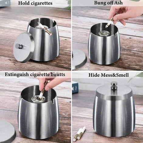 Cendrier Exterieur Interieur Ashtray Outdoor Incassable Metal, Beau Cendriers En Acier Inox Coupe-vent Avec Couvercle Anti Odeur Pour Jardin Balcon Maison Restaurant, Grande GrooFoo – Image 4
