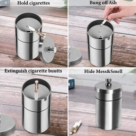 FONTAINEBLEAU Cendrier En Acier Inox Avec Couvercle, Ashtray Outdoor Coupe-vent Et Imperméable Facile à Nettoyer Beau Cendriers Épaissi Anti Odeur Pour Exterieur Auto Balcon Maison Restaurant, Argent, 1pcs,Fonepro – Image 4