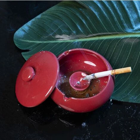 ENLENK Cendrier En Céramique Avec Couvercle, Cendrier Coupe-vent Pour Cigarette Intérieure Ou Extérieure (rouge) â Image 3