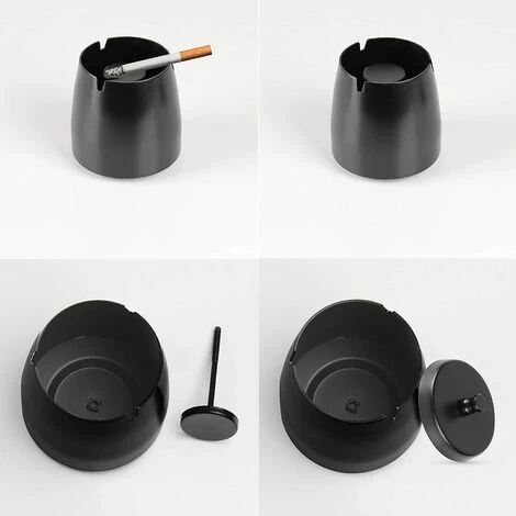 ENLENK Exterieur Inoxydable, Cendrier Avec Couvercle Anti Odeur, Cendrie Avec Tapis Antidérapant Pour Interieur Exterieur Jardin Balcon Bar Bureau, Noir (grande) – Image 5