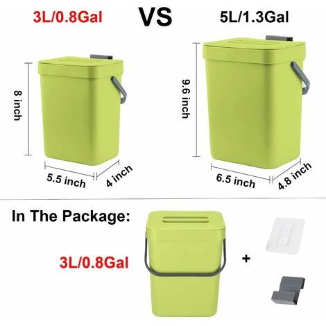 QERSTA Corbeille à Déchets Alimentaires Pour Cuisine, Poubelle Murale, 3L/0,8 Gal, Vert â Image 5
