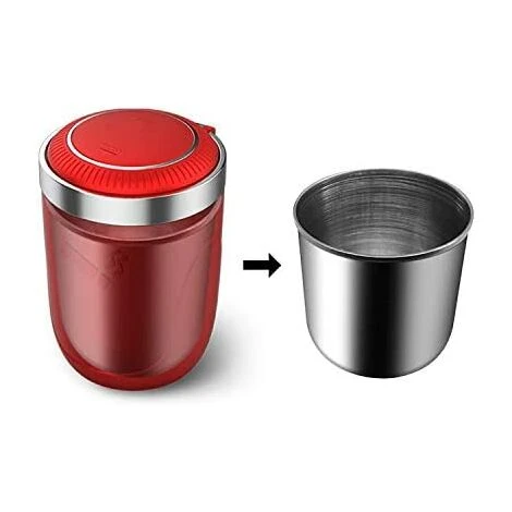 OSQI Cendrier De Voiture Avec Couvercle, Cendrier Coupe-vent Universel Pour Porte-gobelet Poubelle Portable En Acier Inoxydable Cendrier En Plastique Avec LED, Rouge – Image 2
