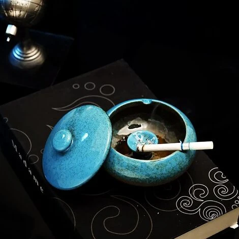PERLE RARE Cendrier En Céramique Avec Couvercle, Cendrier Coupe-vent Intérieur Et Extérieur (bleu) â Image 2