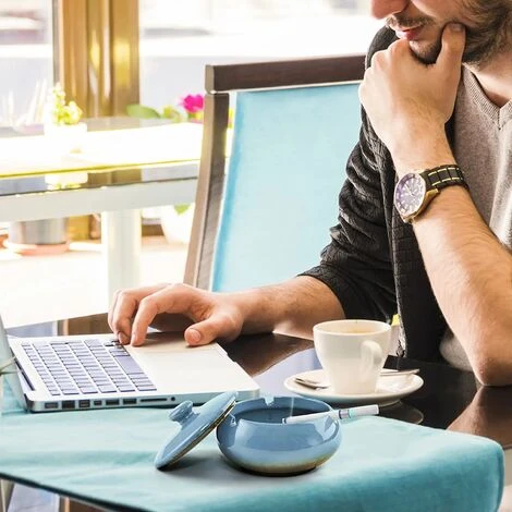 PERLE RARE Cendrier En Céramique Avec Couvercle, Cendrier Coupe-vent Intérieur Et Extérieur (bleu) â Image 4