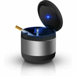Cendrier De Voiture Avec Couvercle, Cendrier Extérieur Portable En Acier Inoxydable Sans Fumée, Cendrier De Cigarette Automatique à Lumière LED Bleue Pour Le Bureau à Domicile, Argent Noir 1 Pièce 13Treize