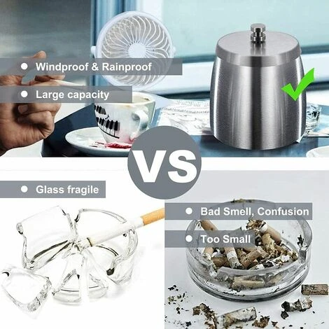 FLETéçA Cendrier Exterieur Interieur Ashtray Outdoor Incassable Metal, Beau Cendriers En Acier Inox Coupe-vent Avec Couvercle Anti Odeur Pour Jardin Balcon Maison Restaurant, Moyen – Image 2