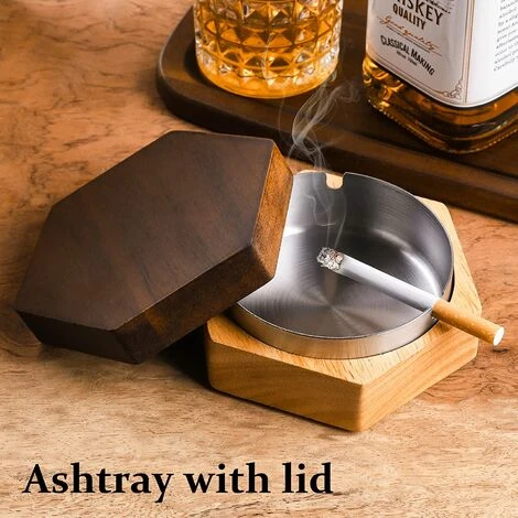 PERLE RARE Cendrier Coupe-vent Pour Mauvaises Herbes Avec Couvercle, Cendrier En Bois Avec Doublure En Acier Inoxydable Pour Une Utilisation En Extérieur Et En Intérieur, Cendrier à Fumer Pour Le Bureau à Domicile â Image 2