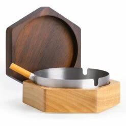 PERLE RARE Cendrier Coupe-vent Pour Mauvaises Herbes Avec Couvercle, Cendrier En Bois Avec Doublure En Acier Inoxydable Pour Une Utilisation En Extérieur Et En Intérieur, Cendrier à Fumer Pour Bureau à Domicile, Grand